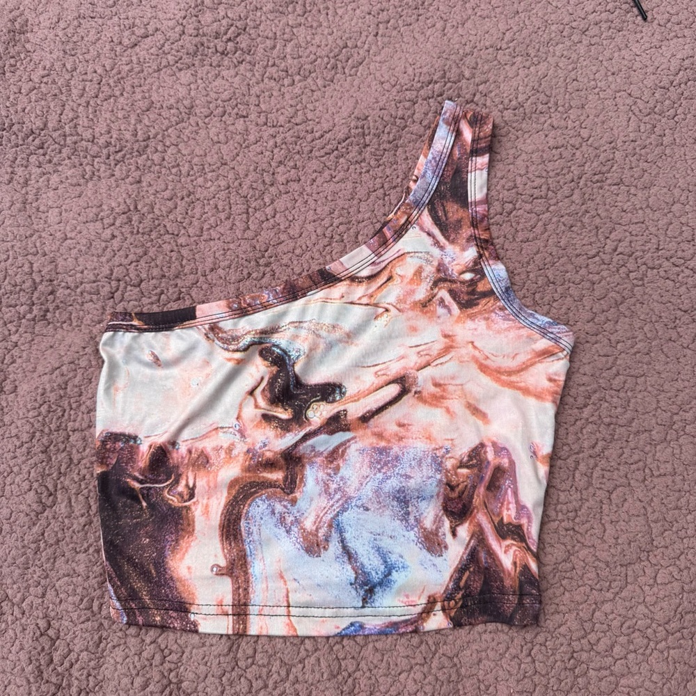 Abstract Print One-Shoulder Crop Top